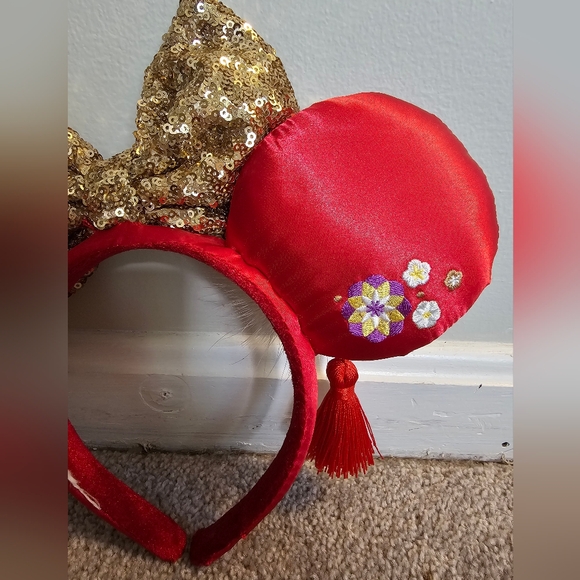 Disney Mickey Mouse Ears Red Chinese New Year floral ears with a tassel-Red/Gold - Picture 9 of 9